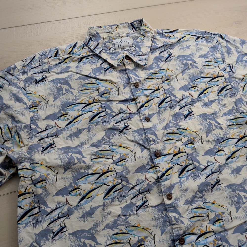 Guy Harvey AFTCO Bluewater Shirt Mens 2XL Tuna Dolphin Fish Print Cotton Button